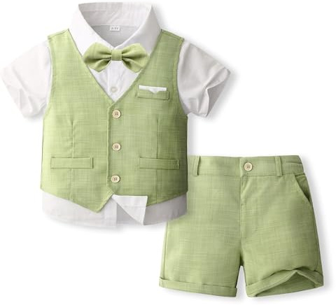Volunboy 4-delar baby pojkar sommar bröllopskostym, småbarn formell klänning kläder outfit, kortärmad väst, shorts, skjortset, ljusgrön, 18-24 Months