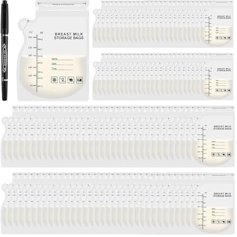 KASURE 110 Pcs Breast Milk Storage Bags, 250 mL Breastmilk Containers with Scale Zipper, BPA-Free, Storing Bag with a Black Marker