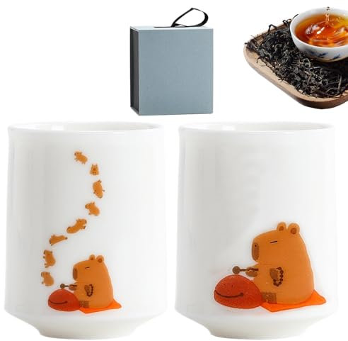 Rrlihjgu Tazas de té de cerámica sin asa, juego de té de cerámica de estilo japonés - Tazas de té con diseño de Capybara pintadas a mano,Juego de tazas de té resistentes y reductoras