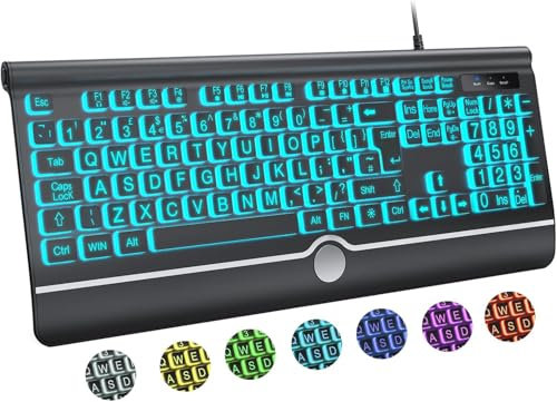 Computer Wired Keyboard, Large Print Backlit Key board with Wrist Rest, 7-Colors Backlit, Plug and Play, Foldable Stands, Spill-Resistant, Corded Full Size Keyboard for Windows, PC, Laptop (Large)