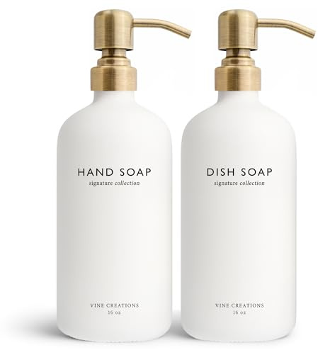 Vine Creations White Glass Soap Dispenser Set, Dish Soap and Hand Soap Dispenser Set with Stainless Steel Pump, 16 oz Glass Dispensers for Kitchen or Bathroom Decor (Matte White Bottle/Brushed Brass)