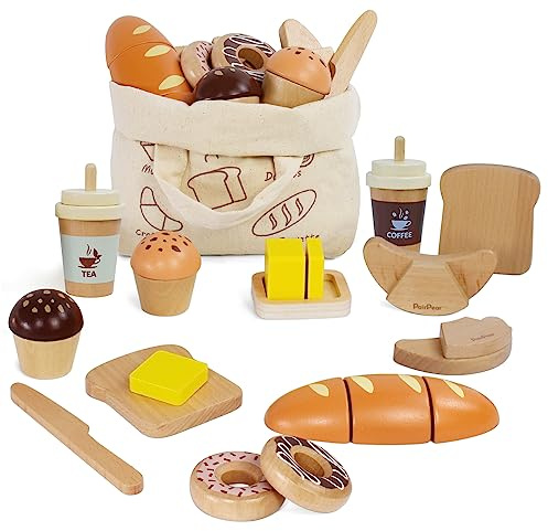 PairPear Holz Bäckerei Spielzeug Set Holz Spielzeug-Lebensmittel Frühstücks Spielset Küchenzubehör für Rollenspiele Schneide-Lebensmittel Zubehör für Kinderküche Geschenk für Jungen Mädchen