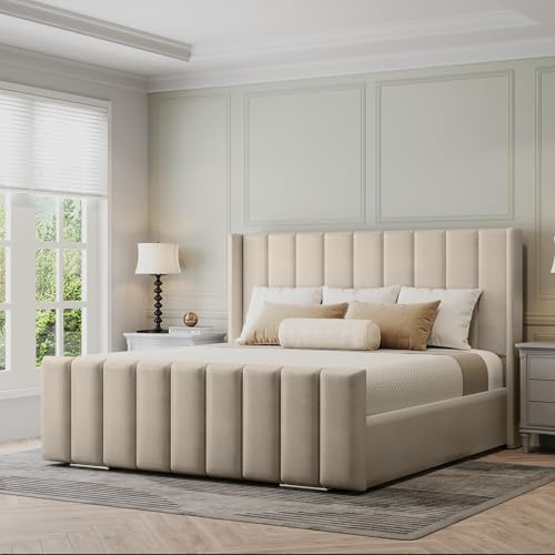 Furnishion Vienna Wingback Double Bed Frame 4ft6, Modern Plush Velvet Upholstered Panelled Design, Luxury 4ft6 Beds Base with High Headboard, Stylish Bed Frame Double for Bedrooms in Cream Plush