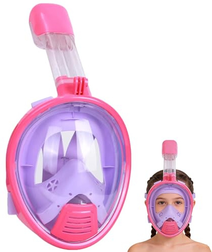 Snorkel Mask for Kids,Full Face Diving Mask Anti-Fog, Anti-Leak 180°view Design, Snorkeling Mask Set for Kids Girls Boys- Sports Camera Compatible(PinkPurple XS)