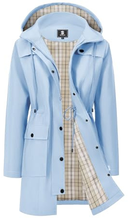 SaphiRose Women's Waterproof Rain Jacket Lightweight Raincoat Hooded Windbreaker Trench Coat (Light Blue/Plaid,Medium)