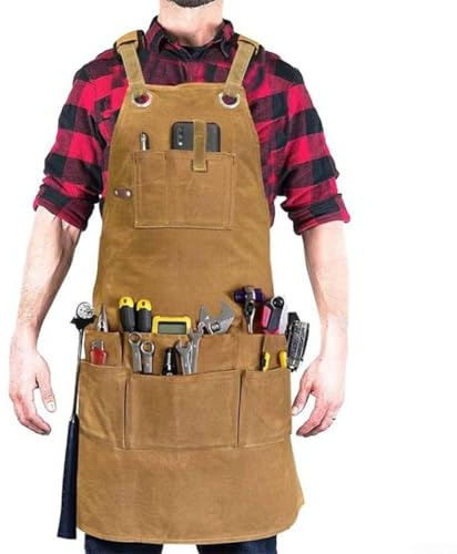 Arbetsförkläde, tjock duk 1-pack vattentätt svetsning och träbearbetningsförkläde med flera fickor design för snickare, elektriker och trädgårdsmästare (kamel)
