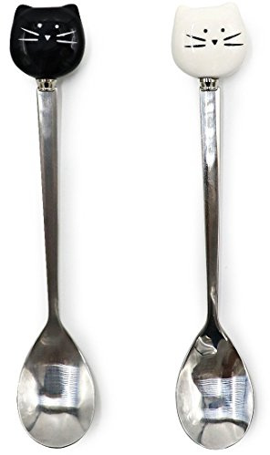 Juego de 2 cucharillas de té para gatos, de cerámica, acero inoxidable, para remover té, café, espresso, azúcar, cucharas de postre