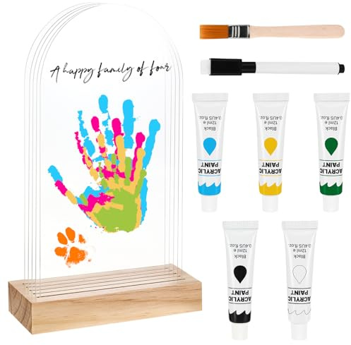 Huellas de Manos Familiares Para 5, Kit Huellas Familia Con Pinturas, Marco Huella Bebé Recién Nacido con Marco de Fotos de Madera, Huellas Bebe Recien Nacido Para Futuros Padres y Nuevos Padres