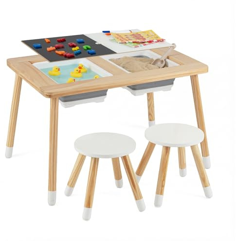 COSTWAY 6-i-1 lekbord för barn, sensoriskt bord med dubbelsidig bordsskiva och 2 vikbara behållare, Montessori barnbord med 2 stolar, vatten- och sandbord för barn från 3 år (rund)