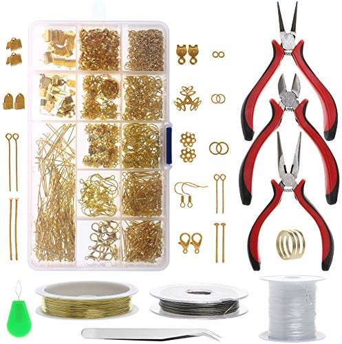Yizunnu - Set di strumenti per la creazione e la riparazione di gioielli, con fili, pinze e accessori per il fai da te Oro