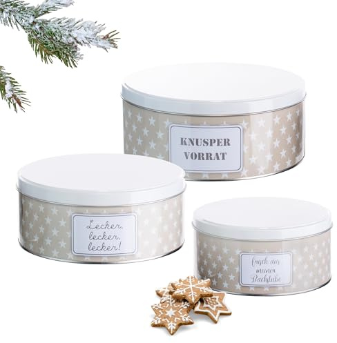 Brandsseller 3er Set Plätzchendosen aus Metall – stapelbare, runde Keksdosen mit Deckel - lebensmittelechte Aufbewahrungsdosen für Gebäck, Kekse & Weihnachtsplätzchen – Sterne grau