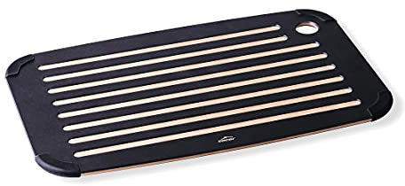 Lacor - 60589 - Tabla de Cortar Cocina, Tabla para Cortar Pan, Fibra de Madera Natural y Ecológica, Silicona, Superficie Lisa y Acanalada, Antibacteriana, 40x25x0.65cm, Negro