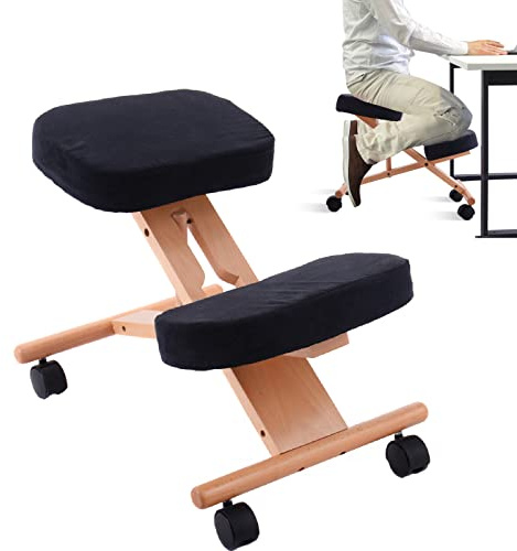 Multigot Kneeling Chair, Adjustable Height & Angle Ergonomic Stool with Padded Seat and Wheels, Wooden Frame Posture Corrective Chair for Home Office (Black)