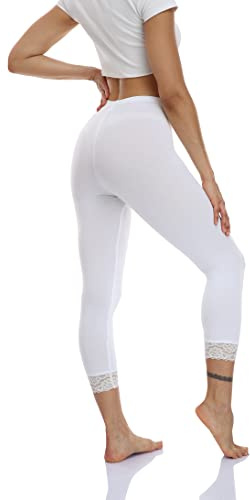 Women's Lace Trim Leggings 3/4 Length Capri Stretchy High Waist Yoga Cropped Leggings Lightweight Tights White