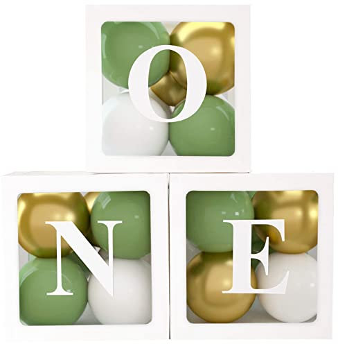1st Birthday Party Decorations Boxes for Boys, 3pcs Balloon Boxes with 30 Green Gold White Balloons and ONE Letters, Balloon Blocks for First Birthday Backdrop, 1 One Year Old Birthdays Party Supplies