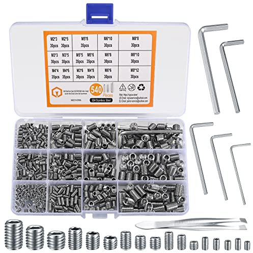 540 Piezas Juego Surtido de Tornillos Prisioneros, Sin Cabeza, de Cabeza Hueca Hexagonal Allen, Acero Inoxidable Para Manijas de Puerta, Grifo, M2/M3/M4/M5/M6/M8