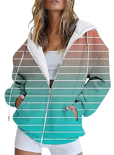 Übergangsjacke Damen Herbst Sweatshirt für Damen, modisch, gestreift, Bedruckt, Kapuzenpullover, Herbst und Winter, lässig, locker, einfarbig, langärmelig, Durchgehender Salzhaut (Mint Green, L)