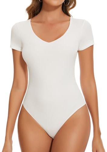 SHAPERIN Women Bodysuit Top Short Sleeve V Neck Top Ribbed Thong Bodysuit One Piece Leotard Jumpsuit Slim Fit, White, L