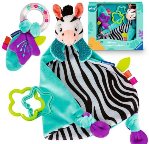 Ravensburger 4858 Play+ Känn, skramla, lek (presentset: zebra), täcke, present till födelse, dop, baby shower, stimulering av sinnena, främjar finmotorik, för spädbarn från 0 månader