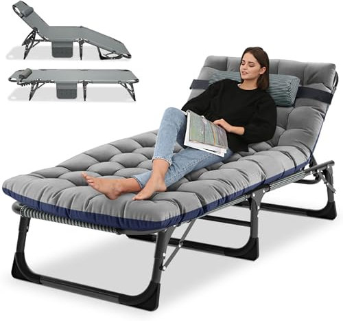 Ryuhic's Folding Sun Lounger: Rustikale, strapazierfähige Garten-Sonnenliege mit Matratze, Kopfstütze und Seitentaschen, verstellbare Rückenlehne, für Zuhause, Büro, Terrasse, Pool und Strand