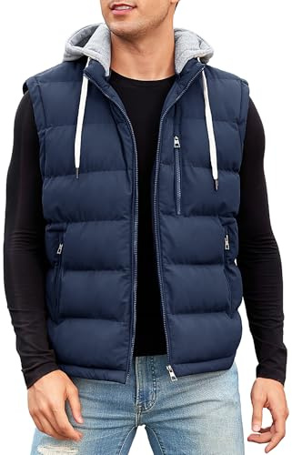 Vancavoo Väst herr vinter quiltad väst med huva lätt vinterväst utomhus dunväst ärmlös jacka gilet sportväst övergångsjacka herrvästar, Marinblå, L