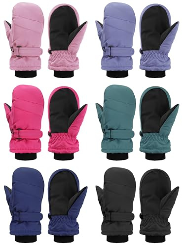 Newcotte 6 Pairs Winter Ski Mittens Kids Waterproof Warm Snow Gloves for Boys Girls Cold Weather Outdoor Activities (Purple, Green, Pink, Navy Blue, Rose Red, Black,5-8 Years)