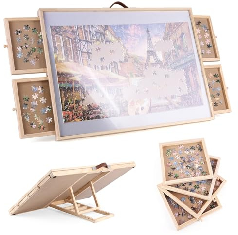 Ruication Jigsaw Puzzle Board Folding Tilting Puzzle Table Wooden Jigsaw Board Non-Slip Mat Surface for 1000 pieces 4 Sliding Drawers Storage System For Adults Gift