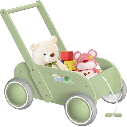 Girello per Bambini di Legno, Carrello Primi Passi Legno per Bambini e Bambine, Giocattoli Bambino 1 Anno con Spazio di Archiviazione, Primi Passi Regalo per Compleanno Natale, Verde