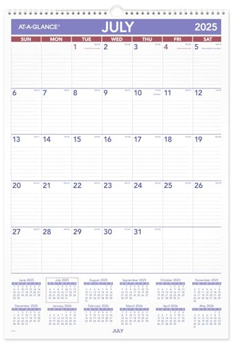 AT-A-GLANCE Calendario de pared 2025-2026 académico, mensual, 15-1/2 x 22-3/4 pulgadas, grande, bloques diarios rayados (AY328)