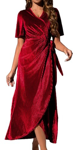 Vestido de Navidad Mujer en Terciopelo, Escote en V, Estilo Envolvente con Cinturón y Mangas Volantes, Vestido Largo Elegante para Nochevieja