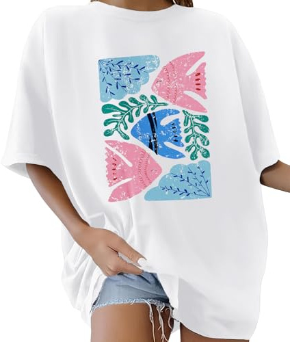 Lonya T-Shirt Oversize pour Femme à col Rond Manche Courte Tee Shirt Grande Taille Créatives D'été Décontracté Coton Loose Haut Imprimé Algue Poissons Streetwear, C-Blanc, XXL