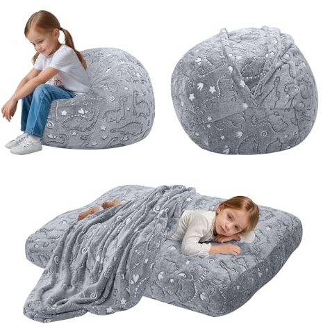 MeMoreCool Pouf poire pour enfants se transforme en pouf, fauteuil poire avec rembourrage, canapé pour enfants paresseux pour fille et garçon, gris, 75 x 75 x 47 cm, dinosaure lumineux
