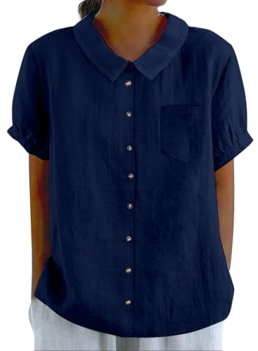 Chemise boutonnée en lin pour femme, col claudine, vêtements mignons, chemisier d'été décontracté à manches courtes avec poche, bleu marine, L