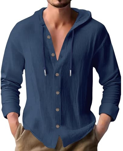 PRIVIMIX Chemise Homme Manche Longue Chemises à Capuche Lin Coton Hoodie Tee Shirt Bleu Profond XL