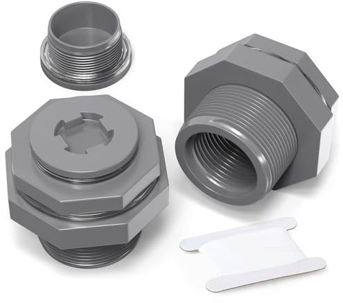 ERGAOBOY 2 Piezas de Accesorios de PVC BSP de 1-1/4 Pulgada para Tanques de Agua Negros, adaptadores con Tapones y Juntas para barriles de Lluvia, acuarios y estanques