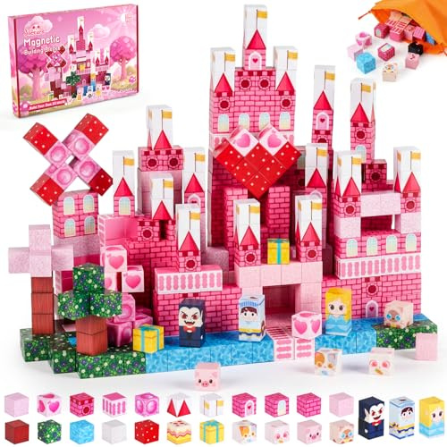 3 otters Magnetic Blocks 150PCS, Princess Castle Magnet Cubes STEM Montessori Building Toys for Girls, Sensory Gifts for Kids Birthday Christmas