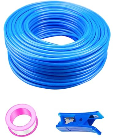 Tubo pneumatico in PU blu HUAZIZ 50 M, tubo pneumatico in poliuretano, tubo flessibile per aria compressa, esterno 8 mm x interno 5 mm + 1 pezzo di tagliatubi blu + 1 pezzo di nastro in teflon rosa