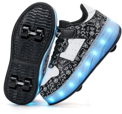 Hixingo Chaussure a Roulette pour Fille Garçons, Respirant Patins à roulettes avec Crochets et Boucles, Résistant à l'usure Basket à roulettes pour Enfants (Noir Blanc,30)