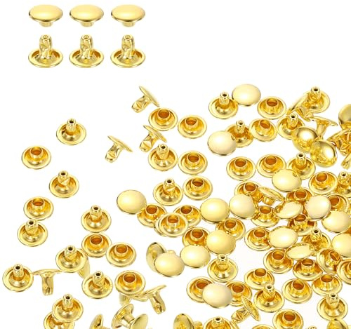 QUARKZMAN 100 uppsättningar 8 x 6 mm lädernitar, dubbla nitar hålnitar kolstål runt huvud snaps rörformade metallstift för bälte dekoration kläder gör-det-själv hantverk (guld)
