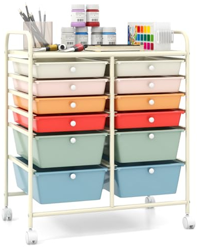 GIANTEX Carro de Almacenamiento con 12 Cajones Plásticos, Cajonera Móvil con 4 Ruedas, con Tablero y Asas, 64 x 38 x 75 cm, Carrito Auxiliar para Salón, Cocina, Baño, Oficina (Macaron)