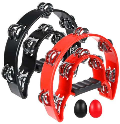 2 Pack 10 Half Moon Musical Tambourine Double Row Metal Jingles Hand Held Percussion Drum Multicolor for Adults, KTV Party with Ergonomic Handle Grip (Black & Red)