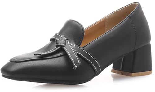 Mocasines de Cuero Sintético para Mujer Tacón Bloque Punta Cuadrada Tacones Retro Tacón Medio Slip-On Zapatos Clásicos para Oficina con Lazo Contrastante Cómodos,Negro,35 EU
