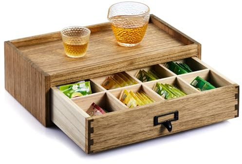 KIRIGEN Solid Paulownia Wood Tea Storage Box with 8 Compartments, Handcrafted Wooden Tea Cabinet with Metal Handle, Tea Organizer for Office and Home Brown（CYG-DBR）
