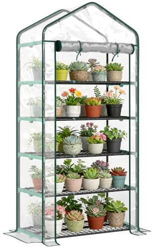 Outsunny Serre de Jardin avec Étagères 5 Niveaux 90x49x193cm Transparent | Serre de Balcon, Bâche Renforcée, Châssis en Acier, Porte Zippée Enroulable, pour Légumes Plantes Fleurs