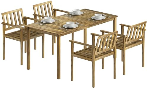 Outsunny Set Tavolo e Sedie da Giardino 5 Pezzi in Legno di Acacia, Set Pranzo Esterno con Tavolo da Giardino con Piano a Doghe, 4 Sedie con Braccioli, per Terrazza Balcone Patio, Color Teak