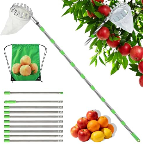 Recolector de Frutas Telescópico de Acero Inoxidable, Herramienta Extensible para Cosecha de Altura con Bolsa de Tela, Recogedor Frutas con Varillas Extensión