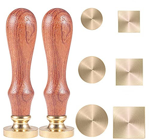 CRASPIRE Blank Wax Seal Stamp Set 6PCS Sealing Solid Brass Stamp Head 20-30.5mm Round Square+2PCS Wood Handle Retro Removable Brass Stamp Kit for Letter Envelope Invitation Wedding Gift Decoration