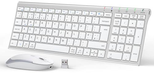 iClever GK03 Wireless Keyboard & Mouse Combo for Mac & Windows, 2.4G Rechargeable Wireless Keyboard Mouse, Silent Keys, Full Size, Portable Slim Ergonomic Design, QWERTY UK Layout, Silver and White