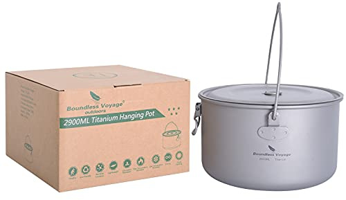 Boundless Voyage 2900 ml Titanium Pot Pan Set with Large Capacity Camping Hanging Pot Cookware Set for Outdoor Use Portable Cooking Set with Folding Handle Ti15120A