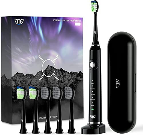 JTF Electric Toothbrushes for Adults, Portable Sonic Toothbrush with 6 Brush Heads & 5 Cleaning Modes, 40000 Vpm & Ipx7 Sonicare Rechargeable Toothbrush with Travel Case & 2 Mins Smart Timer, Black
